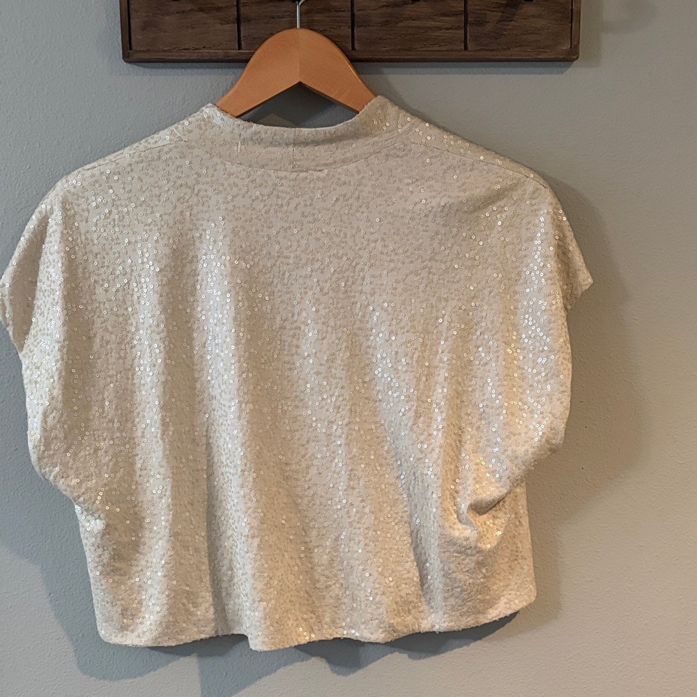 Eileen Fisher Silk Sequin Bolero Cape Tie Front Crop Top size M cream - Picture 4 of 6
